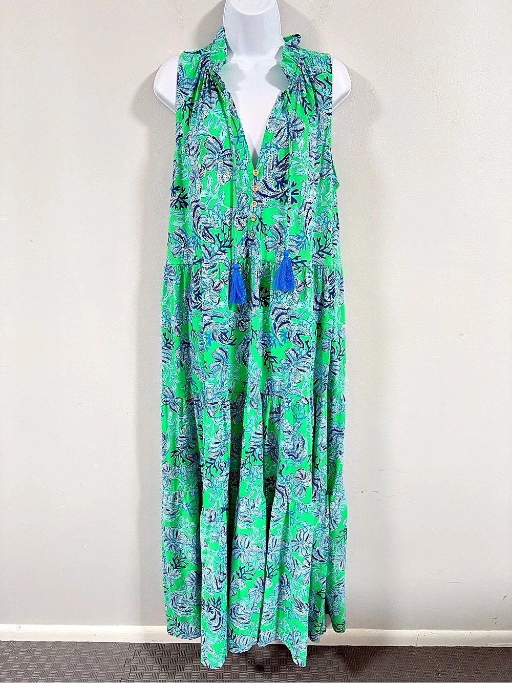 Lilly Pulitzer Malone Maxi Dress Cabana Green Keepin It Reel Tiered Size XL